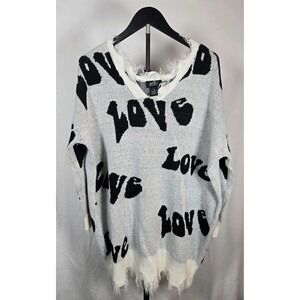 Just Polly Gray White Black Distressed Fringe Knit Pullover Sweater Women's M